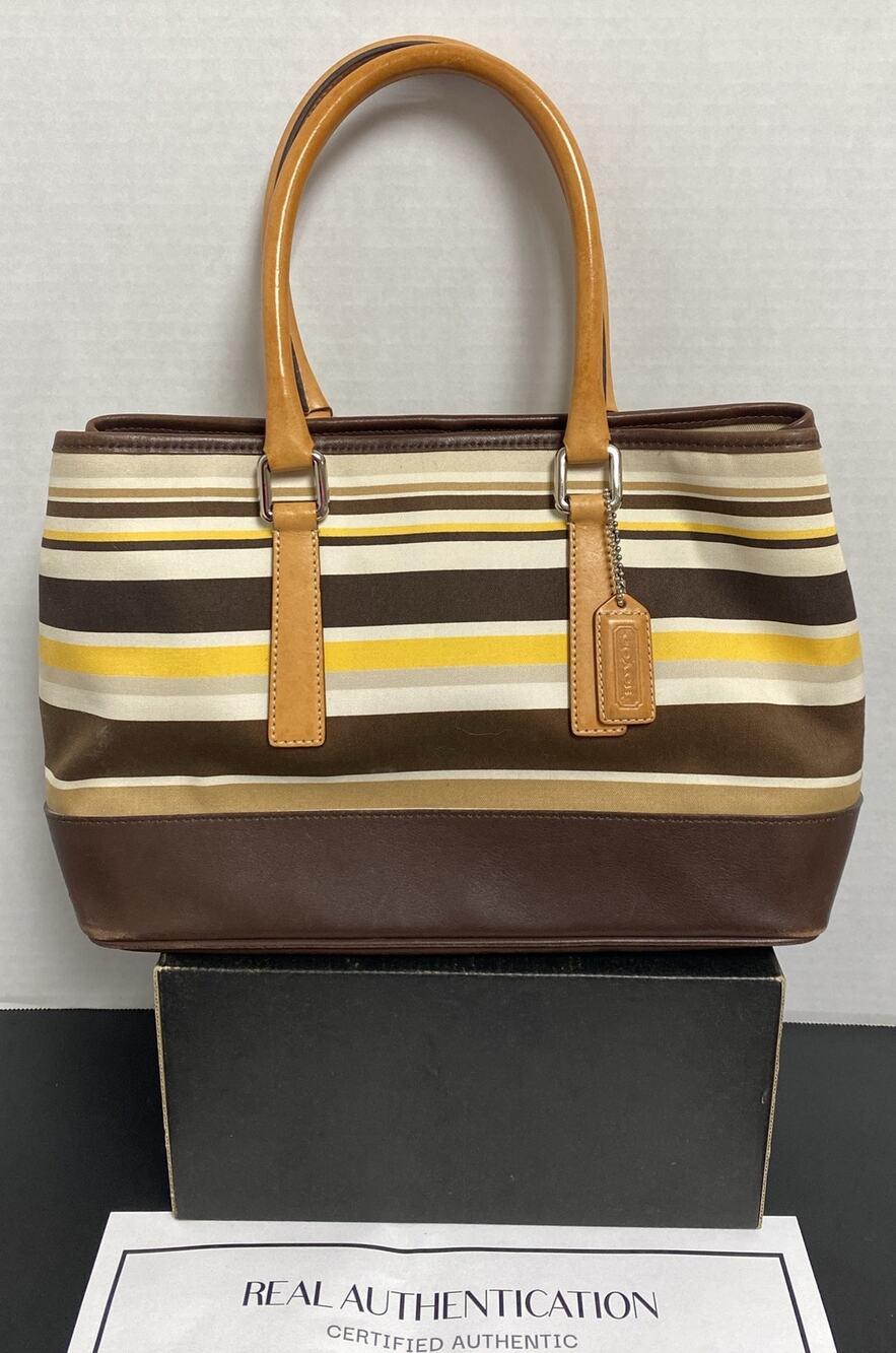 Coach Hampton Canvas Tote Yellow and Brown Stripes